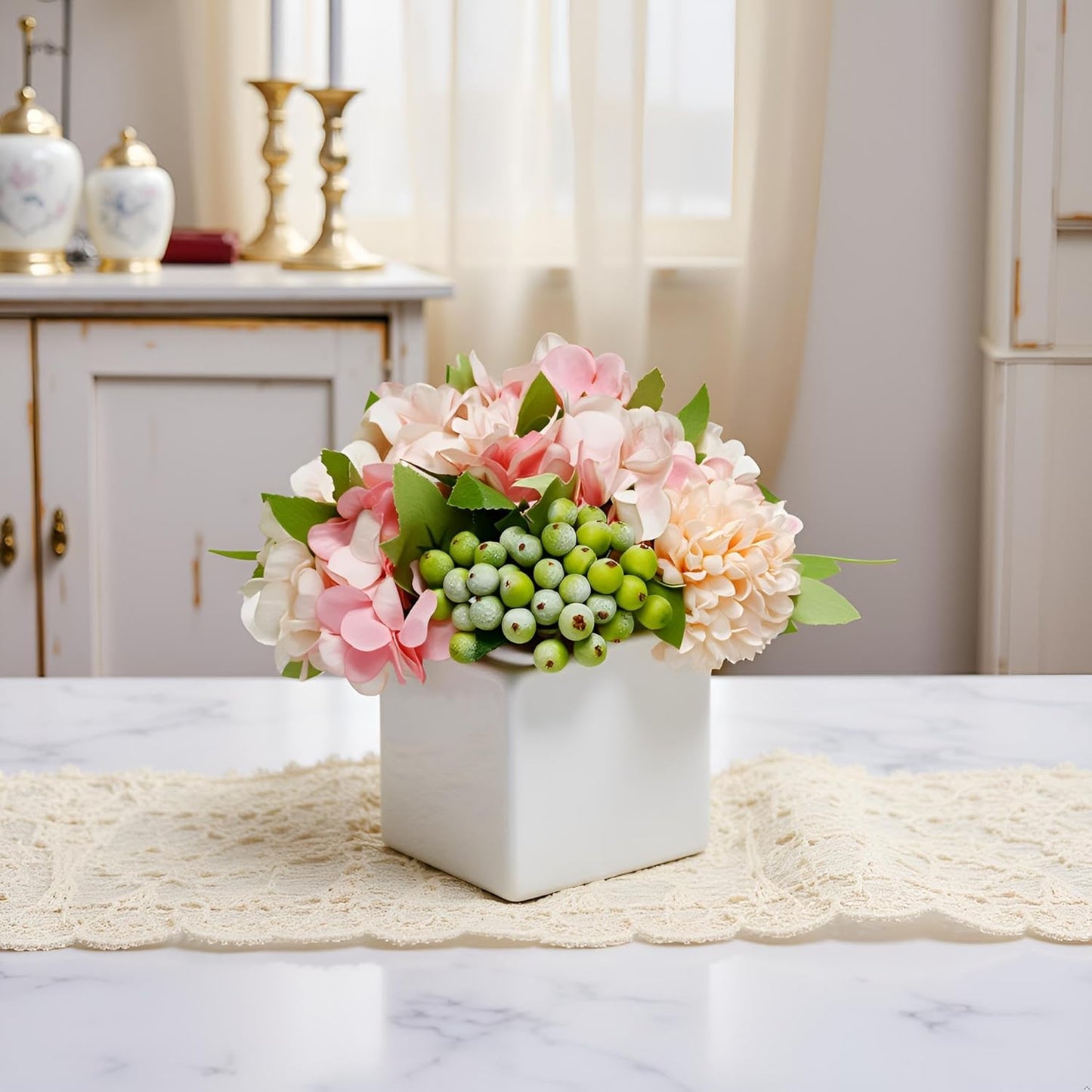 Artificial Hydrangea Flower Arrangement in Ceramic Vase and Vase Home Decoration Artificial Flower (Pink)