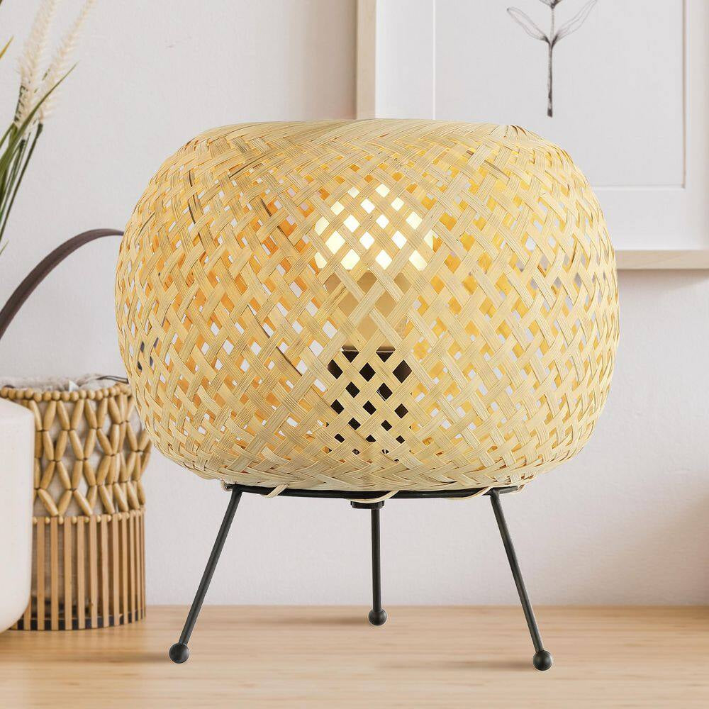 Palma 10 .75 In. Light Brown/Black Bohemian Rustic Iron/Rattan LED Mini Table Lamp with Smart Bulb