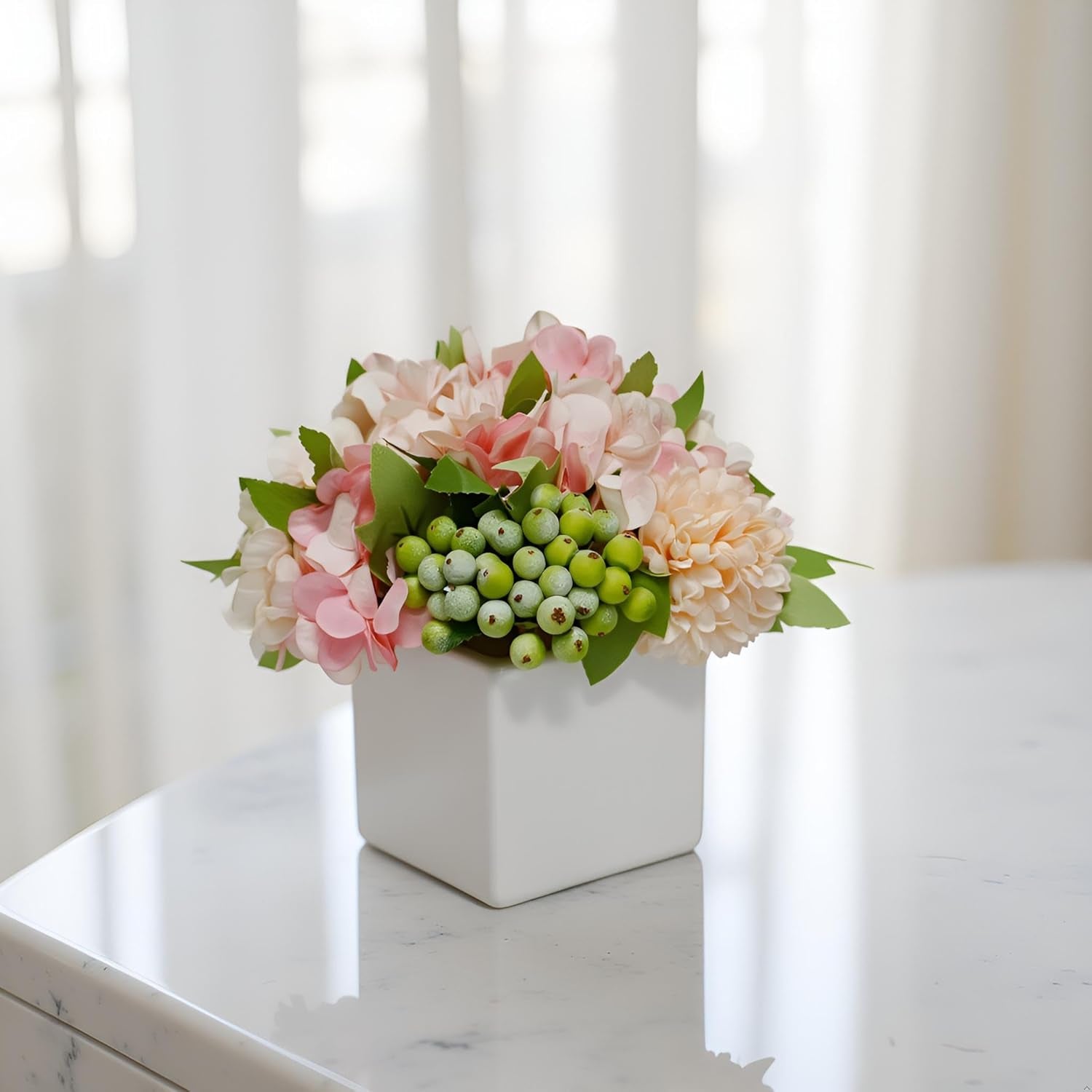 Artificial Hydrangea Flower Arrangement in Ceramic Vase and Vase Home Decoration Artificial Flower (Pink)