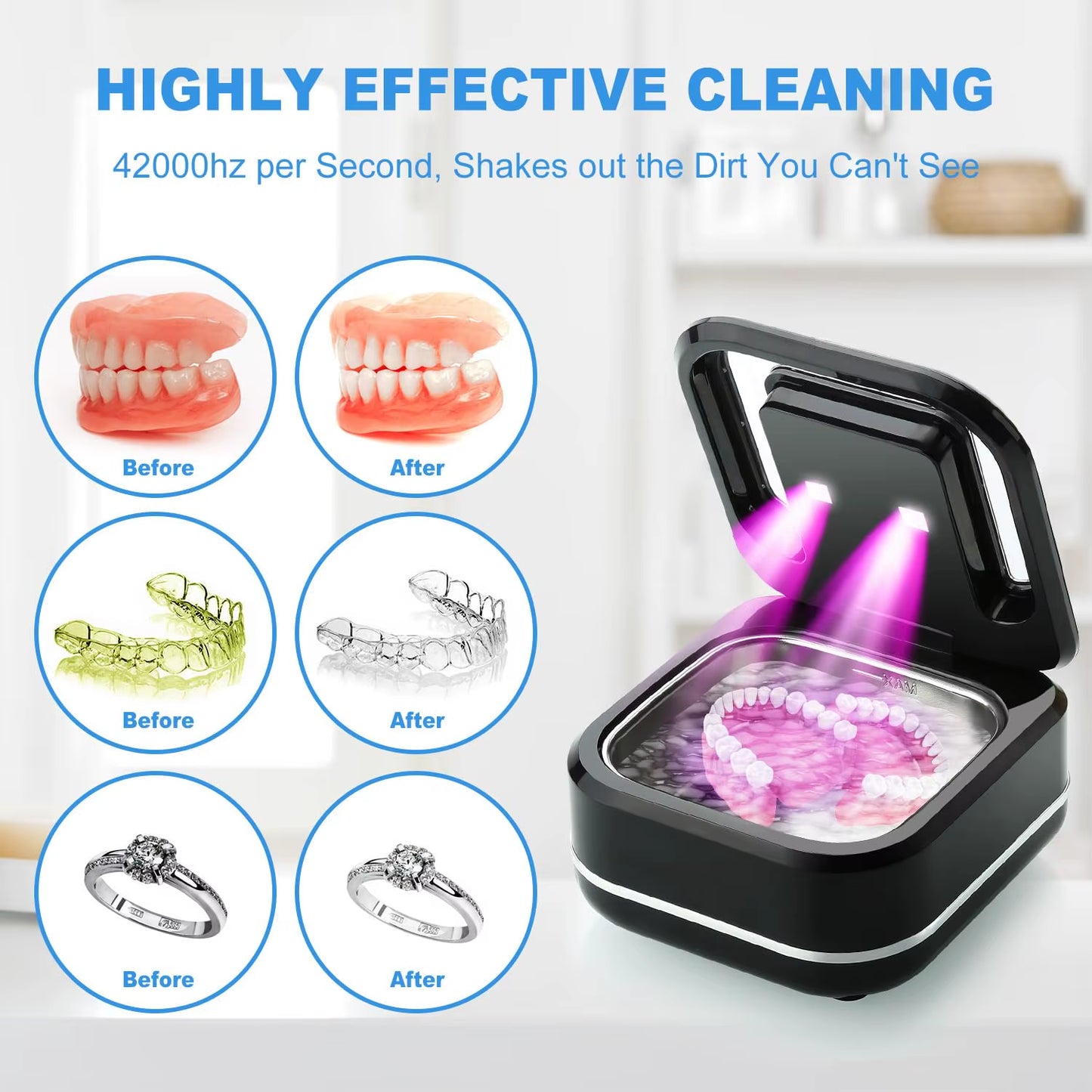 2024 New Mini Portable Ultrasonic Tooth Tray Cleaner Ultraviolet Invisalign Dentures Cleaner ...