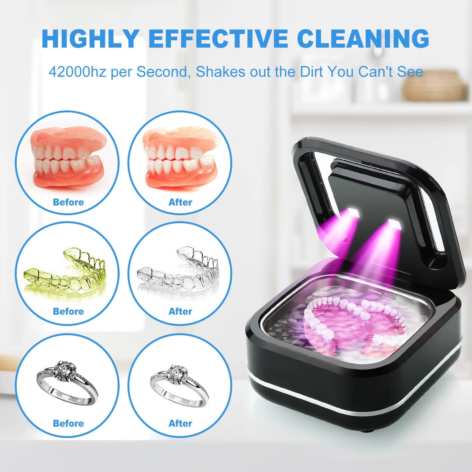 2024 New Mini Portable Ultrasonic Tooth Tray Cleaner Ultraviolet Invisalign Dentures Cleaner ...