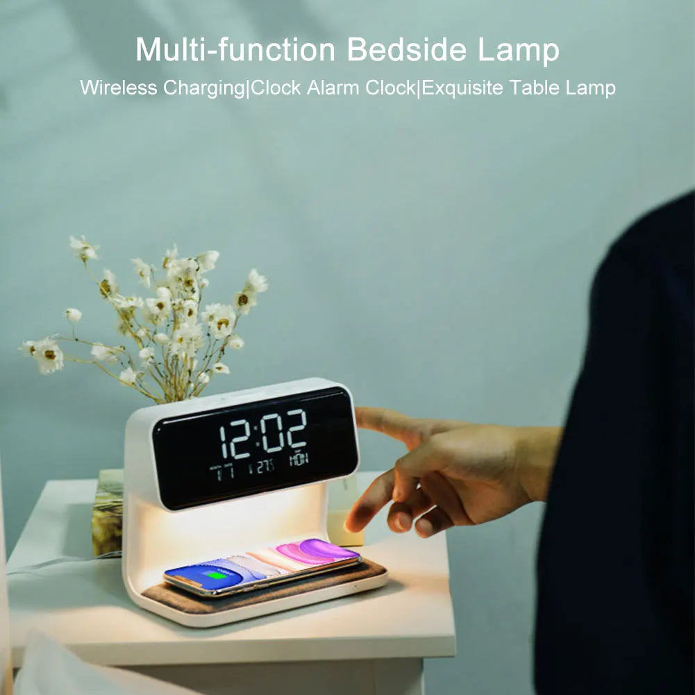 Digital Alarm Clock Large Screen for Bedroom Dormitory 3 in 1 Bedside Lamp Touch Wireless Charger Night Light Dimmable
