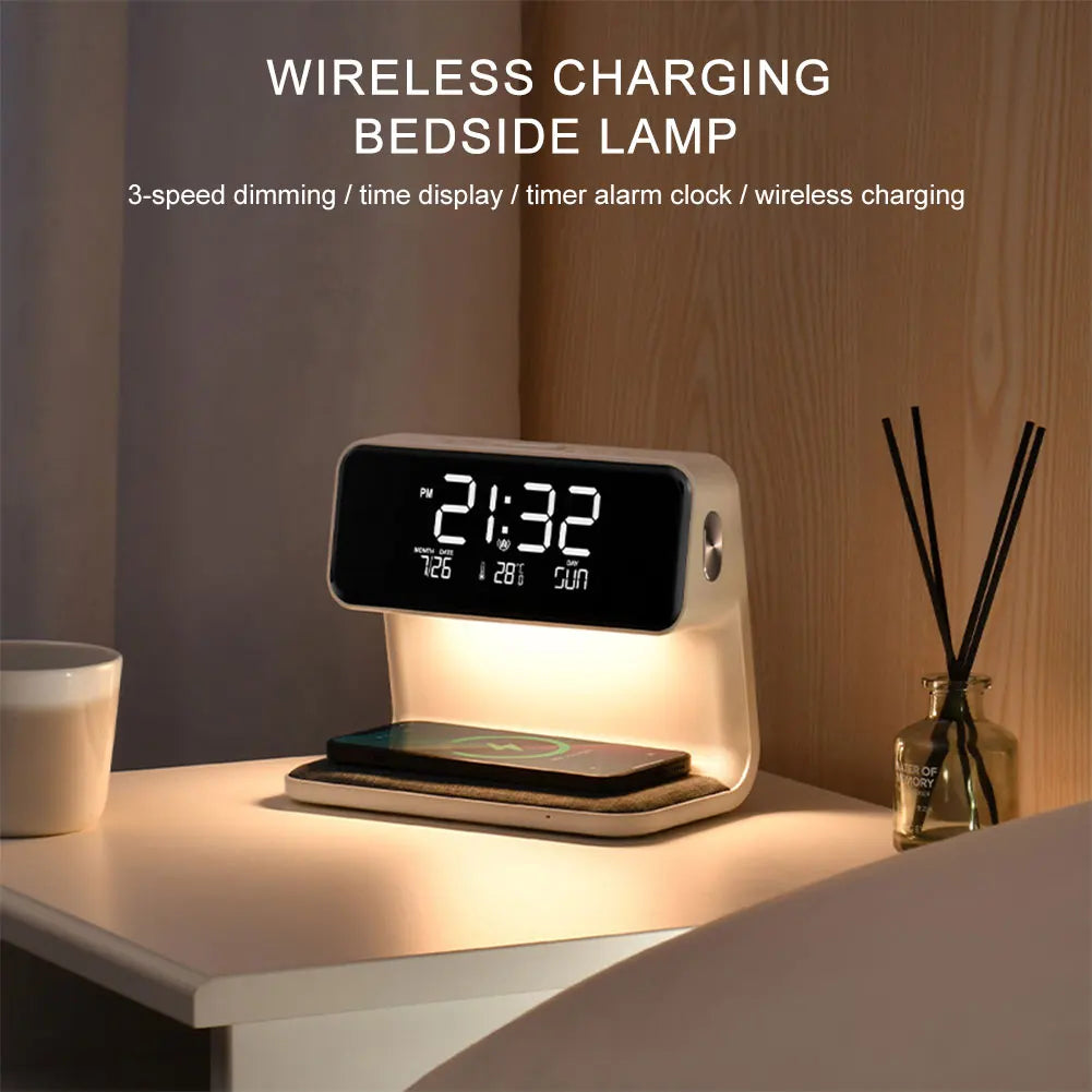 Digital Alarm Clock Large Screen for Bedroom Dormitory 3 in 1 Bedside Lamp Touch Wireless Charger Night Light Dimmable