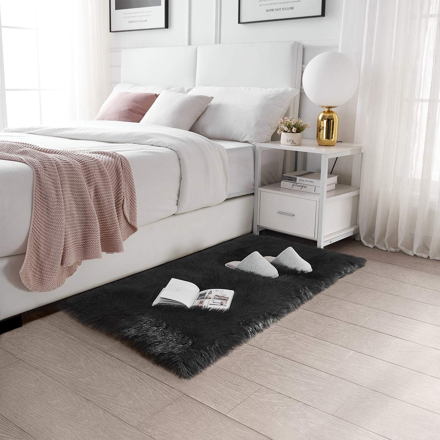 Ultra Soft Faux Fur Area Rug Black Fluffy Rug Plush Chair Cover Seat Pad Fuzzy Carpet Furry beside Rugs for Bedroom Floor Sofa Living Room 2X4 Feet (Rectangular,Black)