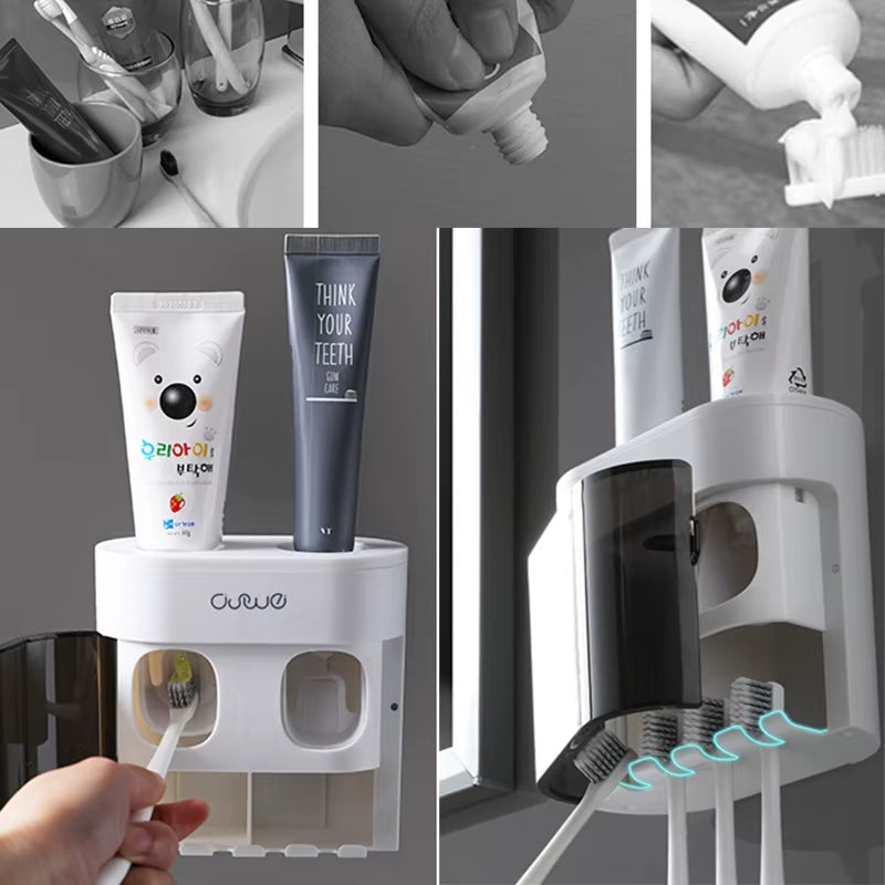 Wall Mount Toothpaste Dispenser Automatic Dust-Proof Toothbrush Holder Storage Shelf Bathroom Accessories Set Squeezer Tools